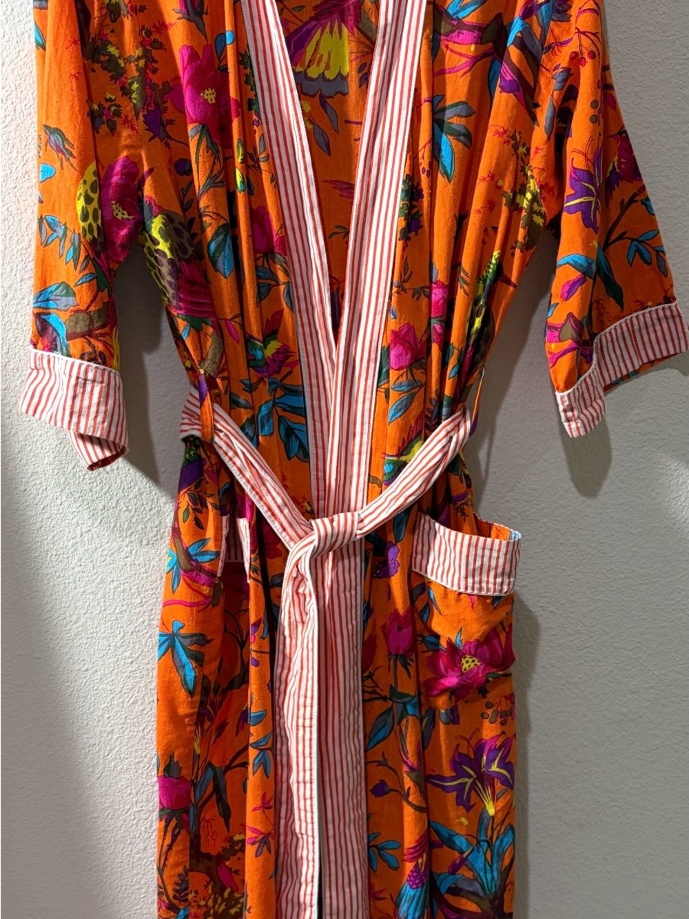 Vibrant Orange Floral Satin-Style Robe with Striped Trim
